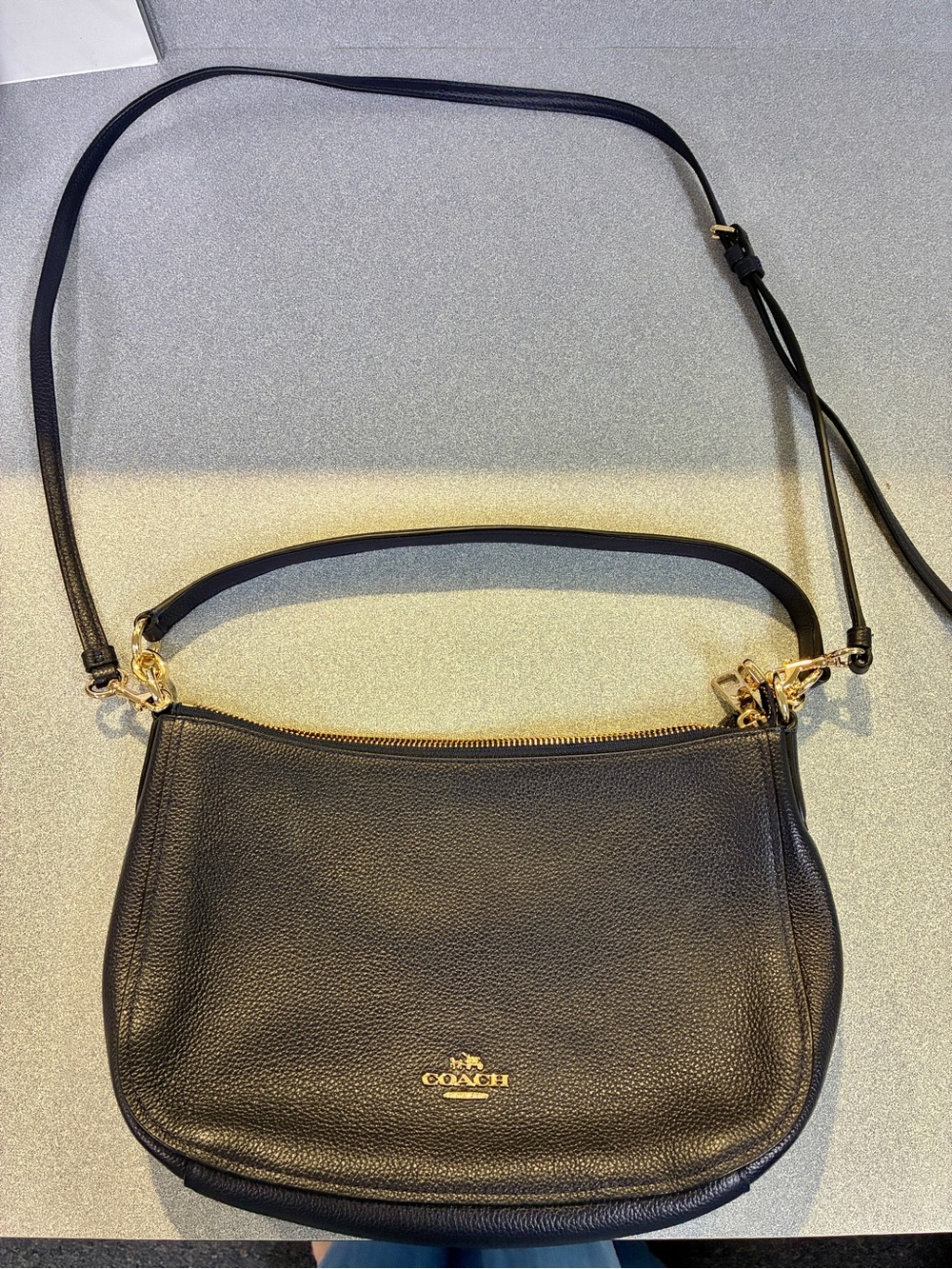 Coach NAVY BLUE Pebbled Leather Shoulder Bag with Gold Hardware Accent